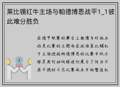 莱比锡红牛主场与帕德博恩战平1_1彼此难分胜负